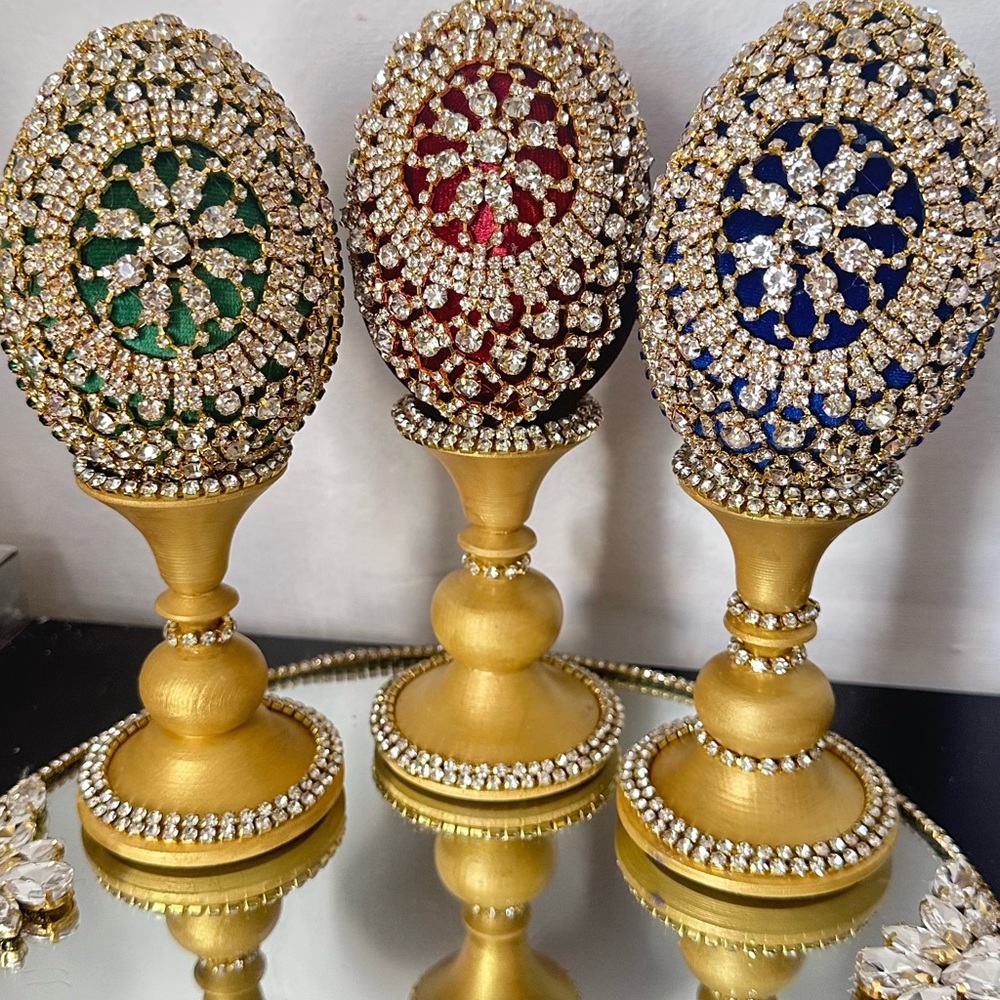 COPY - Luxury Easter Egg  with stand Decor 8,5 “ Gold tone rhinestone appl…